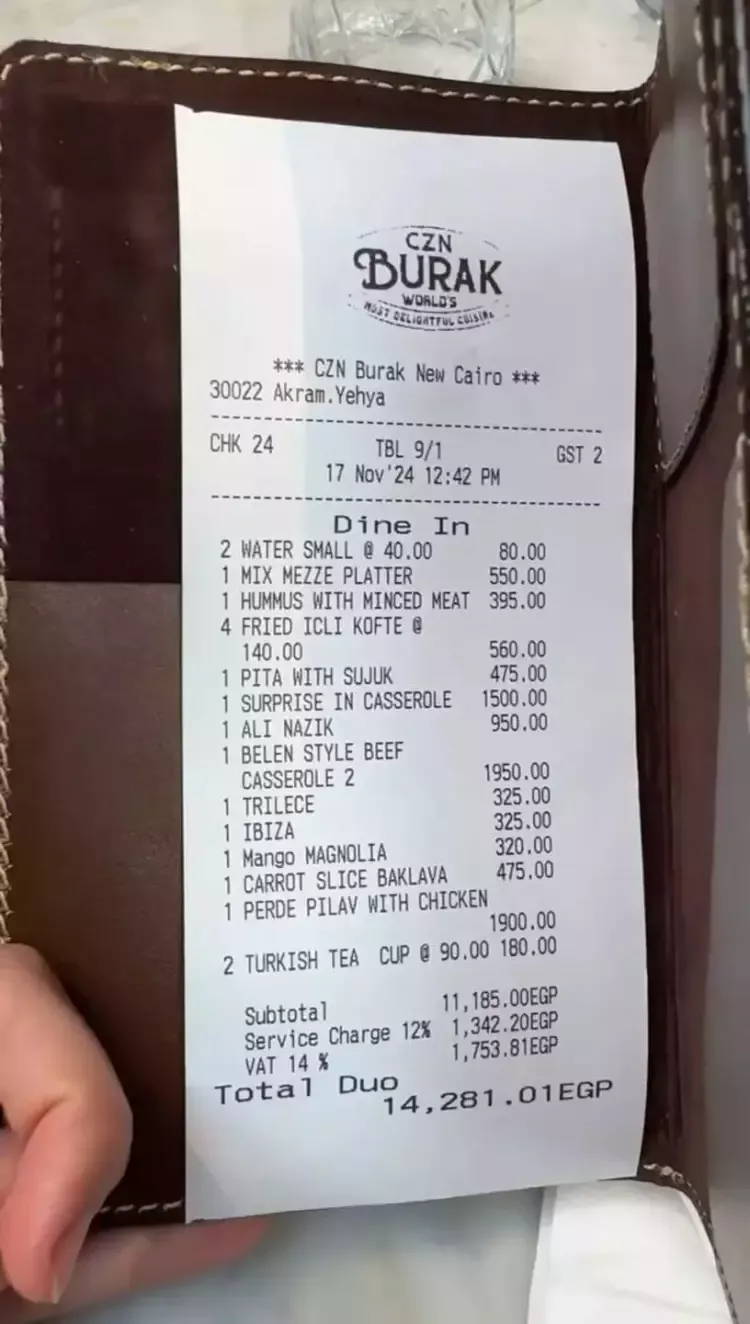 منيو الطعام في مطعم الشيف بوراك بمصر 